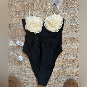 SAME Los Angeles Rose One Piece Swimsuit (Faux Suede Black/Cream) Size M